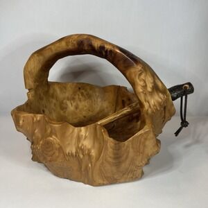 Vintage Hand Carved Burl Wood Tree Root Basket Bowl With Handle